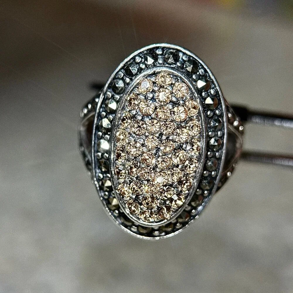 Champagne Stones/Black Marcasites Silver‎ 925 Ring